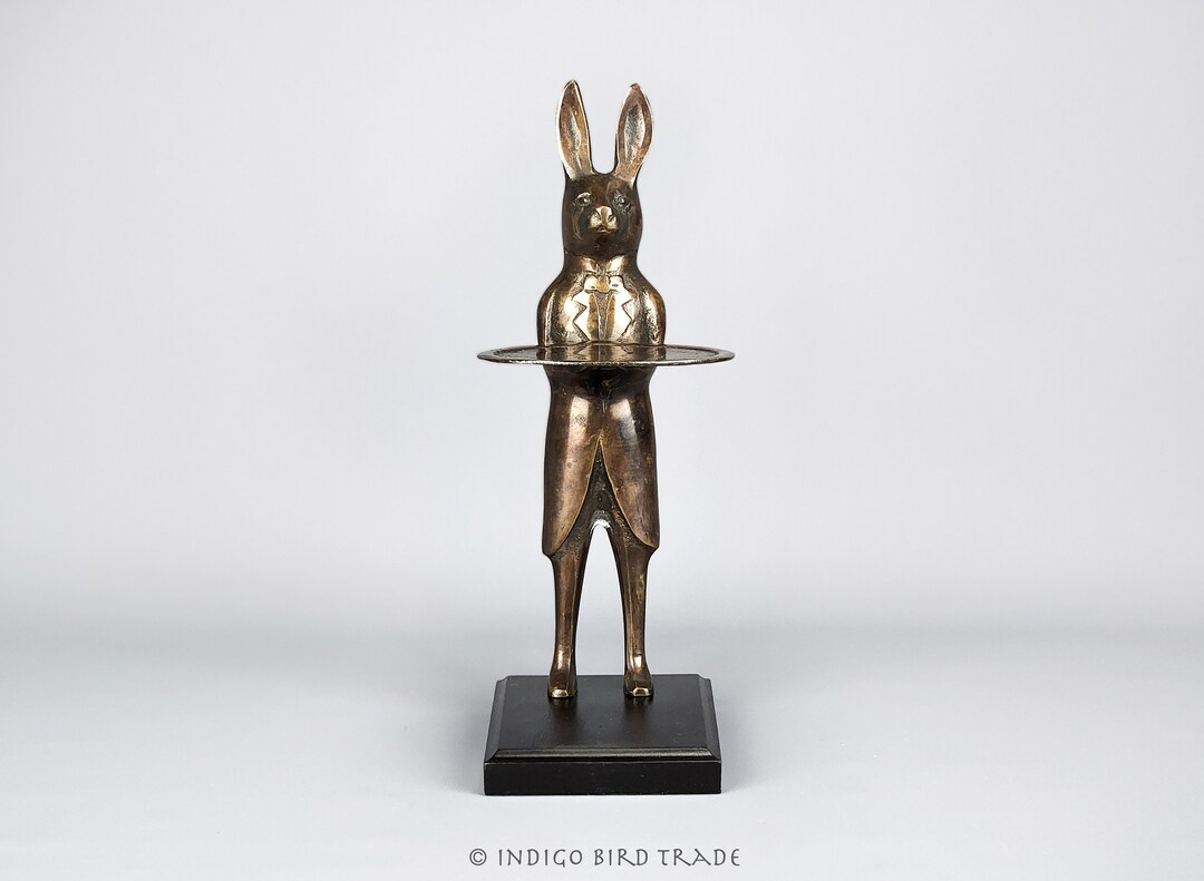 Vintage Brass Rabbit in Tuxedo With Display Tray Bronze Metal Bunny