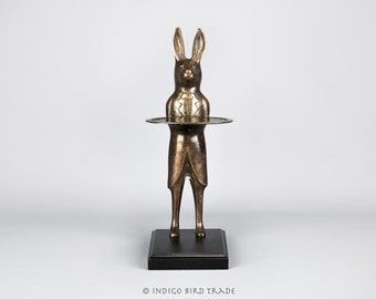 Vintage Brass Rabbit in Tuxedo with Display Tray | Bronze Metal Bunny Butler Sculpture Business Card Jewelry Keys Holder Rabbit Statue Gift