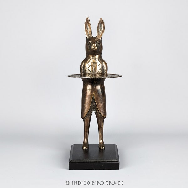 Vintage Brass Rabbit in Tuxedo with Display Tray | Bronze Metal Bunny Butler Sculpture Business Card Jewelry Keys Holder Rabbit Statue Gift