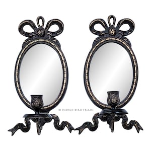 Pair of Vintage Ornate French Style Brass Mirrored Sconces with Ribbon Bow | Antique Bronze Tone Hanging Mirrors Candlesticks Candle Holders