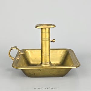 Antique Brass Push Up Chamberstick Candle Holder with Deep Drip Tray and Handle | Victorian Adjustable Candleholder Vintage Old Candlestick