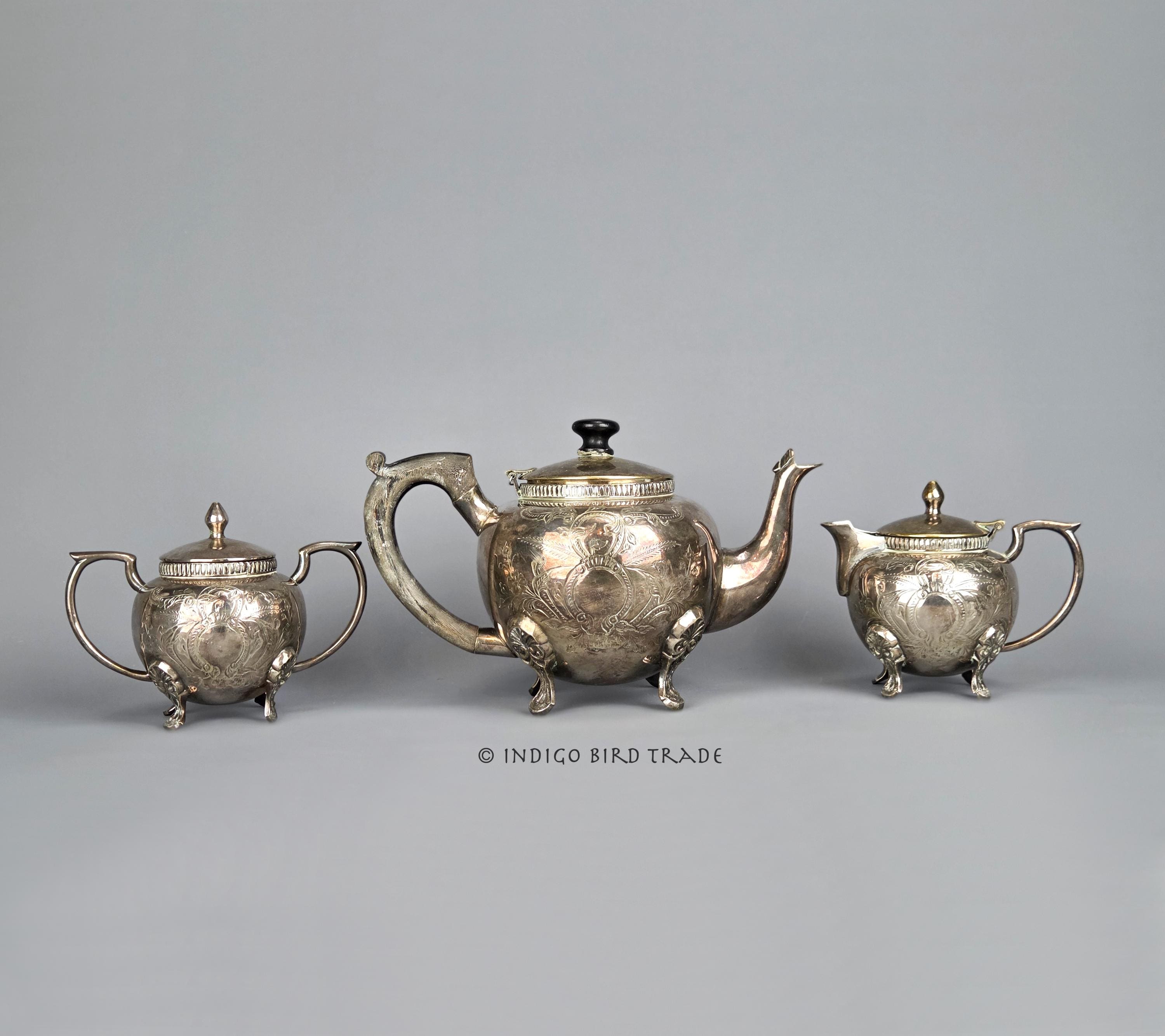 ANTIQUE BEBE SILVER 3点セット Antique Victorian Silver Plated Tea Set of 3 Teapot Creamer and