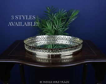 vintage Ornate Silver Mirrored Tray | Plateau d’affichage en métal en laiton d’or filigrane | Parfum Vanity Tray Mid Century | Plateau miroir orné antique