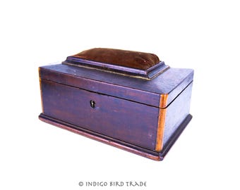 1800s French Mahogany Sewing Box with Pin Cushion on Lid | Antique Wooden Box Needle Cushion Victorian Wood Casket Box for Needlework