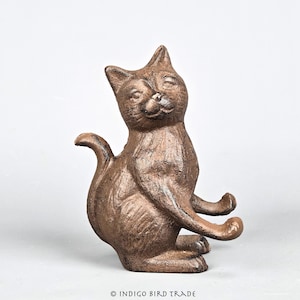 ヴィンテージ鋳鉄製猫像名刺ホルダーデスクトップオーガナイザー | アンティークメタル子猫彫刻置物フィギュア