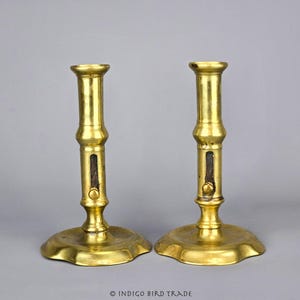 1750&#39;s English Queen Anne Push Up Brass Candlesticks | Antique Brass Candle Holders Push-up Mechanism Made in England