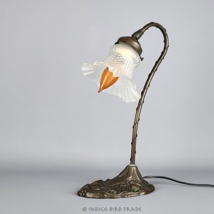 Art Nouveau Bronze and Milk Glass Shade Gooseneck Lamp | Antique Tulip Water Lily Lotus Desk Lamp | Vintage Table Bedroom Nightstand Lamp