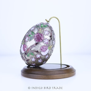 Vintage Faberge Egg Russian Style with Display Stand and Glass Cover | Antique Ornate Metal Egg Cloisonne Enamel Pomegranate Flowers
