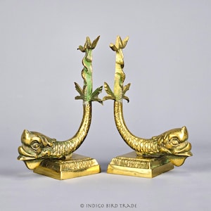 Antique Italian Bronze Dolphin Serpent Bookends Set of 2 | Pair of Gold Koi Fish Book Holders | Vintage Brass Ornate Sculpture Statue Figure