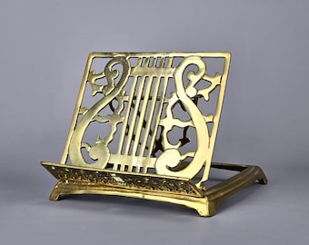 Grande suporte de livro dobrável em forma de lira de latão, cavalete de arte vintage | Suporte de exposição de livro ajustável | Suporte de livro de música vitoriano ornamentado, metal dourado