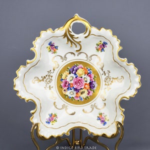 19th Century Bavaria Porcelain Oyster Plate | Antique Hand Painted Flowers Scalloped Gilt Edge Oyster Plate | Old Ceramic Oyster Platter