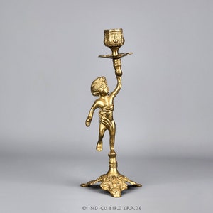 Vintage Italian Brass Cherub Candlestick | Ornate Bronze Metal Putti Candle Holder Angel Taper Candleholder Baroque Style Candelabra Decor