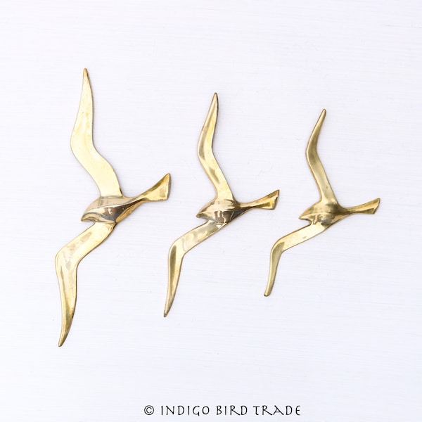 Set of 3 Vintage Brass Seagulls | Mid Century Brass Seagull Set | Brass Flying Birds Wall Hanging Decor | Gold Boho Bohemian Style Retro