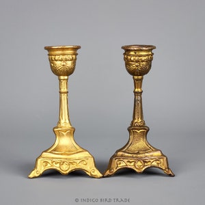 Early 1900&#39;s Art Nouveau Pair of Candlesticks Made in USA | Vintage Ornate Candle Holders Gold and Copper Candleholders Ribbon Bow Design