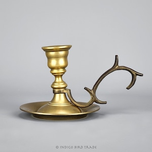Antique Art Nouveau Solid Brass Chamber Candlestick | Vintage Chamberstick Candle Holder Handle | Gold Taper Candleholder Finger Ring Loop