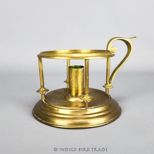 Antique Ornate Brass Chamberstick with Handle | Victorian Bronze Candlestick Holder | Vintage Gold Metal Taper Candleholder Chamber Stick