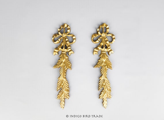Pair of Antique French Brass Pediments | Ornate Wall Hanging Ribbon Bow Victorian Style | Gold Metal Bronze Floral Plaque Shabby Chic Decor