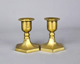 Pair of Antique Victorian Brass Candlestick Holders Short Hexagon Base Set of 2 Vintage Solid Brass Candle Holder Bronze Taper Candleholders