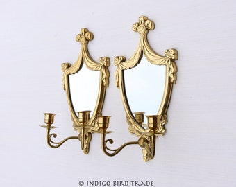 Pair of French Vintage Ornate Brass Mirrored Sconces Louis XVI Style | Antique Shield Wall Hanging Gold Metal Victorian Candle Holders