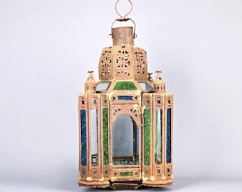 Large Antique Moroccan Stained Glass Lantern Candle Holder 19" Tall | Arabic Ottoman Pierced Metal and Multi Color Glass Candle Lamp