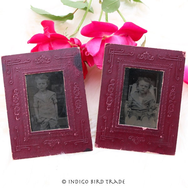 Pair of Antique Miniature Gem Tintype Photo 1800s | Victorian Young Boys Twins Curly Hair in Ornate Paper Frame 19th Century Picture Vintage