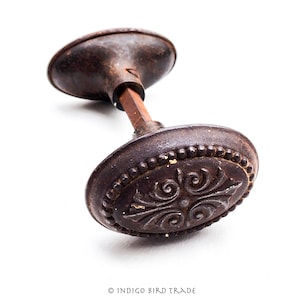 1890s Antique Ornate Cast Iron Door Knobs | Victorian Passage Door Knobs Handles | Vintage Dark Metal Eastlake House Reclaimed Knobs
