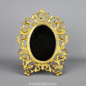 19th Century Antique French Brass Vanity Mirror | Ormolu Vintage Oval Mirror Tabletop or Wall Hanging Gold Metal Stand Frame Mirror Boudoir