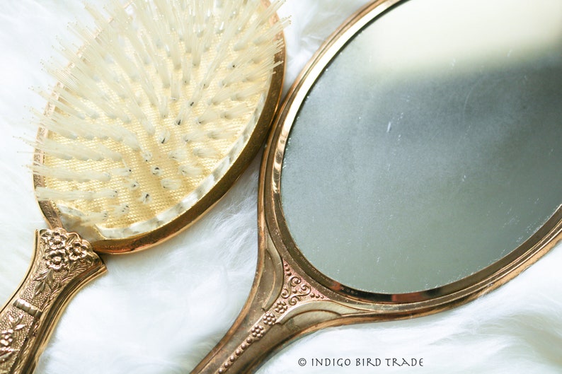1920's Gold Repousse Hand Mirror with Cameo Brush Vintage Etsy