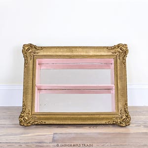 1940&#39;s Antique Ornate Mirrored Hanging Display with Shelves Gilt Gesso Frame and Pink Interior | Vintage Wall Curio Cabinet Case Gold Mirror