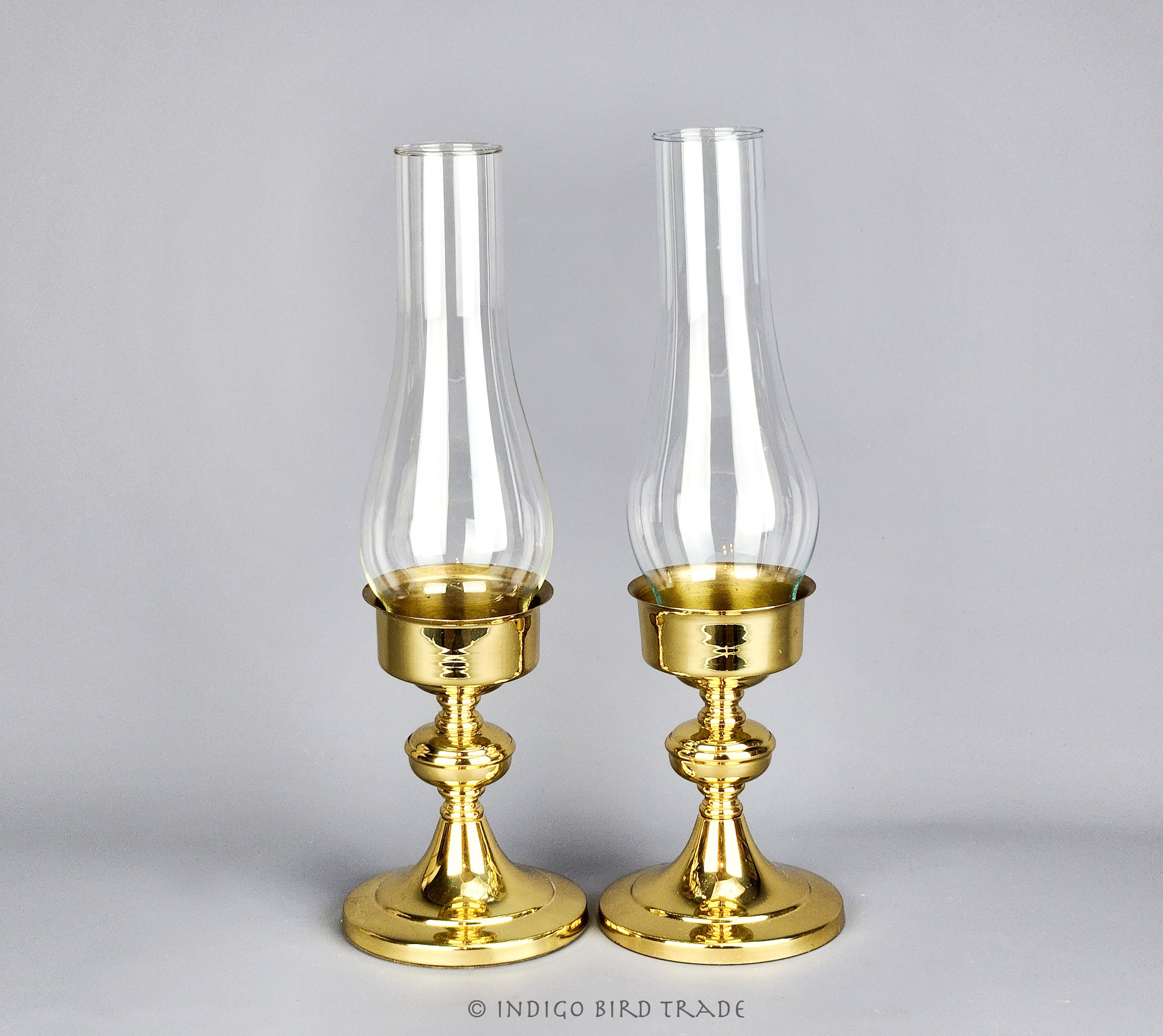 Pair of Vintage Brass Candle Holders With Hurricane Glass Shades