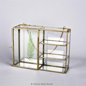 Vintage Brass and Glass Curio Display Cabinet with Chain Wall Hanging or Table Top | Small Clear Vanity Display with Shelves and Glass Door