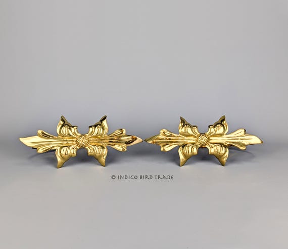 Pair of Vintage Brass Curtain Tiebacks Drapery Holders Set of 2  Vintage Gold Leaf Curtain Tiebacks main image 0