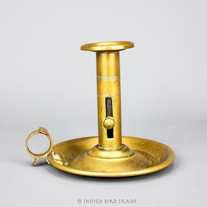 1800&#39;s French Brass Push Up Candlestick with Handle | Antique Chamberstick with Finger Loop Vintage Push-up Adjustable Candle Holder Patina