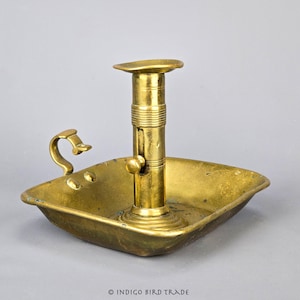 Antique Brass Push Up Chamberstick Candle Holder with Deep Drip Tray and Handle | Victorian Adjustable Candleholder Vintage Old Candlestick