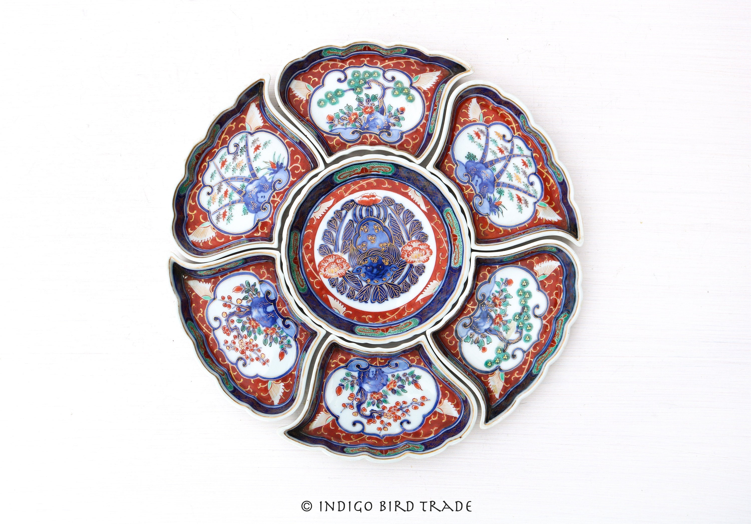 19th Century Meiji Period Japanese Imari Porcelain Sweet Meat Dish Set | Antique Ceramic Snack Tray with Bowls Foo Dog Vintage Lazy Susan