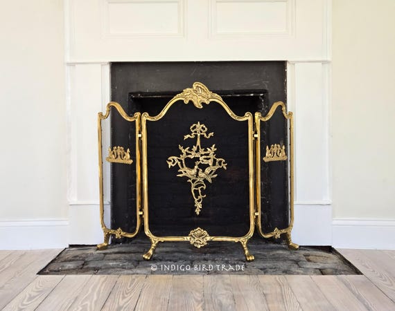 Antique Ornate Louis XVI Style French Provincial Brass Fireplace