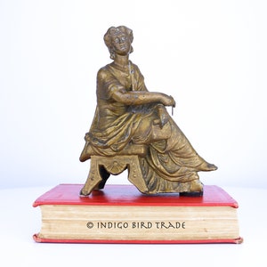 Antique Spelter Greek Goddess Statue | Vintage Gilt Metal Lady Ansonia Mantle Clock Topper Figurine | Woman Victorian Gold Sculpture
