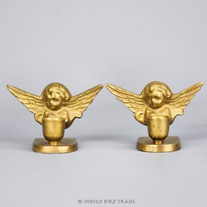 Vintage Brass Cherub Candle Holder Set of 2 | Pair of Gold Angel Metal Taper Candlestick Ornate Metal Putti Candleholder Figurine Scukpture