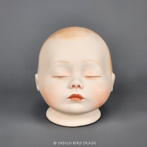 Vintage Bisque Doll Head Sculpture | Sleeping Newborn Baby Porcelain Head | Antique Style Ceramic Doll Head Hand Painted Figure Figurine