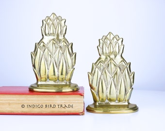 Vintage Pair of Brass Pineapple Bookends | Antique Gold Metal Pineapple Book Holders | Mid Century Tropical Palm Book Ends Library Decor