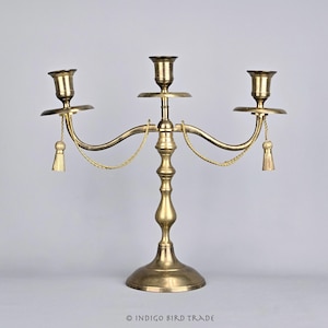 Antique French Bronze Candelabra with Rope and Tassels | Vintage Ornate Three Arms Candlestick Holder Centerpiece | Old Metal Candle Holder