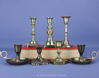 MINIATURE Vintage Brass Candlesticks | Antique MINI Candle holders Gold Metal | Thin Candle Stick Baldwin Candleholder Mid Century Dollhouse