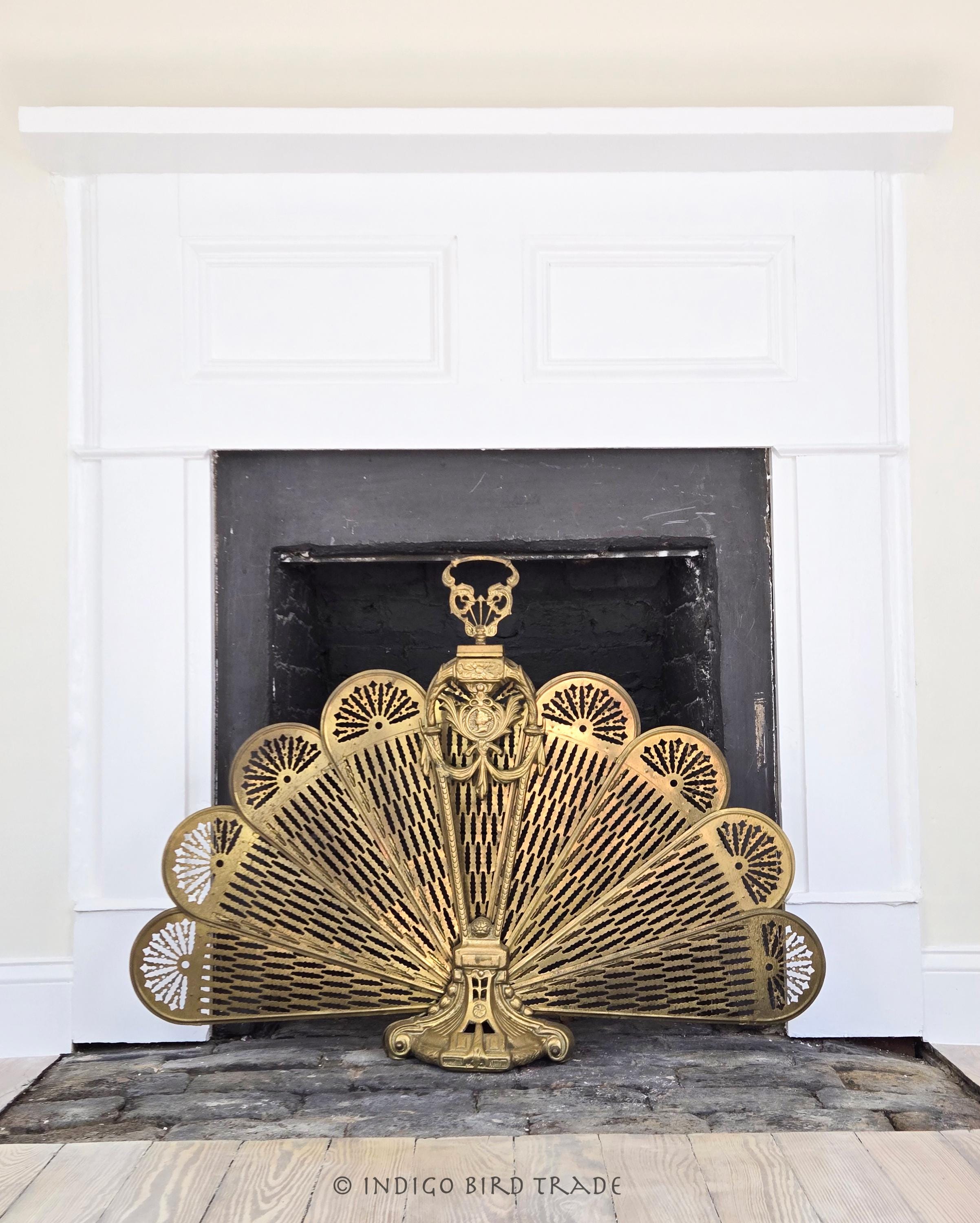 Antique Victorian Brass Peacock Fan Fireplace Folding Screen