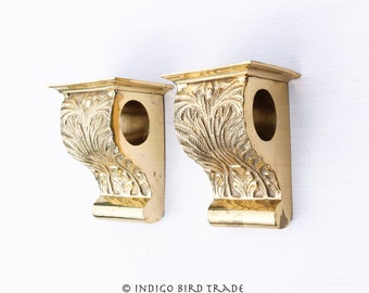 Pair of Vintage Brass Ornate Drapery Rod Holders | Antique Corbel Bracket Rod Holders Gold Metal Bronze Curtain Hollywood Regency Victorian