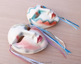 Pair of Vintage Clay Masks About Face San Francisco | Porcelain Venetian Masquerade | Masks of Venice Jester Joker Harlequin Wall Mounted
