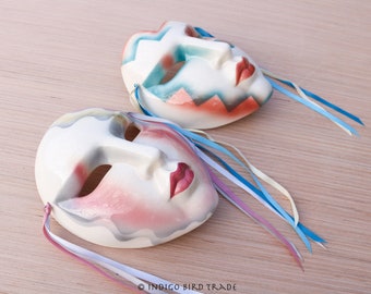 Pair of Vintage Clay Masks About Face San Francisco | Porcelain Venetian Masquerade | Masks of Venice Jester Joker Harlequin Wall Mounted