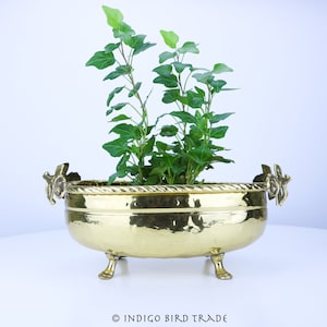 Large Hammered Brass Jardiniere Planter with Rose Handles Vintage | Ornate Gold Metal Footed Plant Pot | Mid Century Plant Pot Mid Century