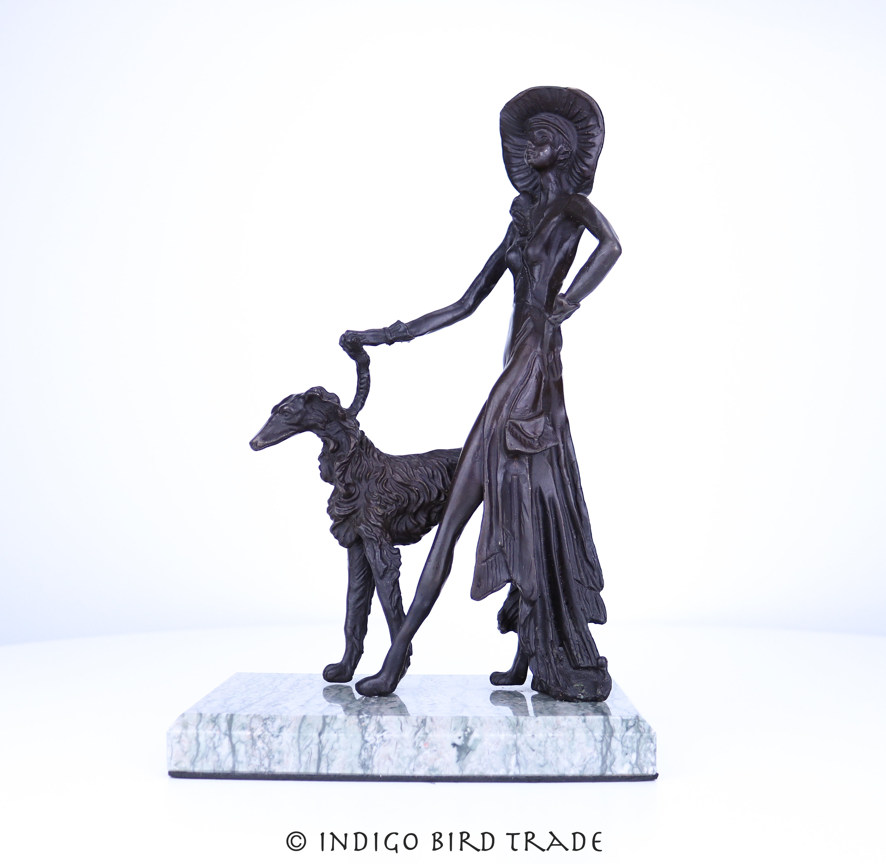 1920's Art Deco French Bronze Sculpture Of Lady Walking Her Borzoi Dog | Antique With Greyhound Metal Statue