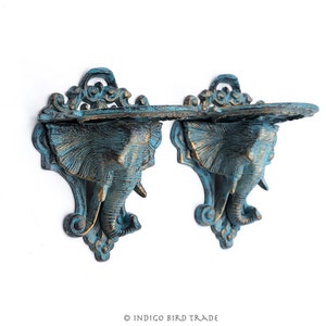Pair of Cast Iron Elephant Victorian Style Brackets Accent Wall Shelves | Vintage Ornate Metal Wall Mounted Small Shelf Antique Gilt Decor