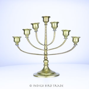 Vintage Solid Brass 7 Arms Candelabra | Antique Graduated Candlesticks Candle Holders Gold Metal Jewish Hanukkah Menorah Tulip Candleholders